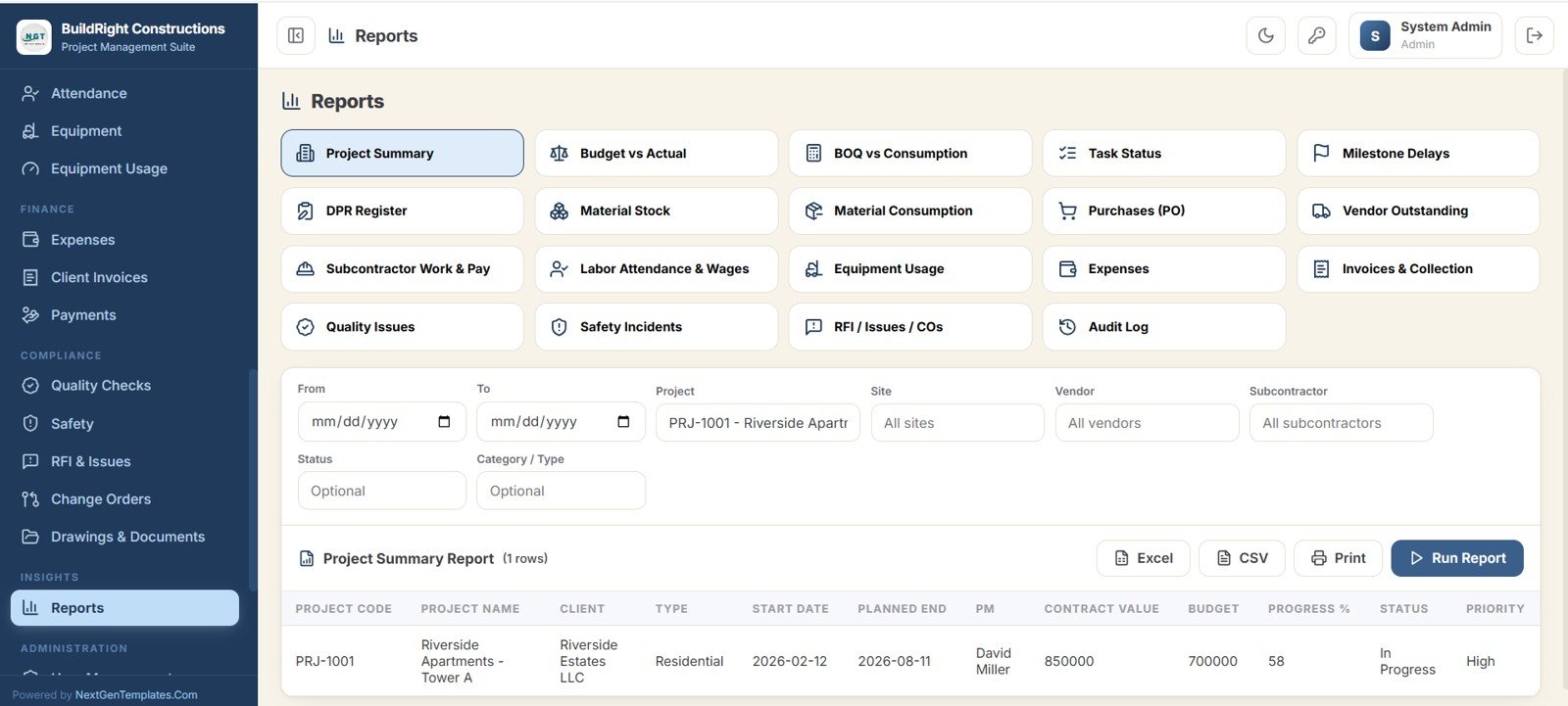Construction Project Management System Web App reports center
