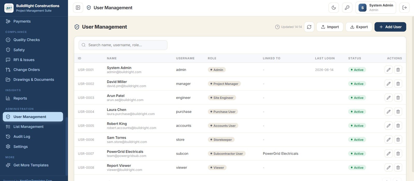 Construction Project Management System Web App - User Management