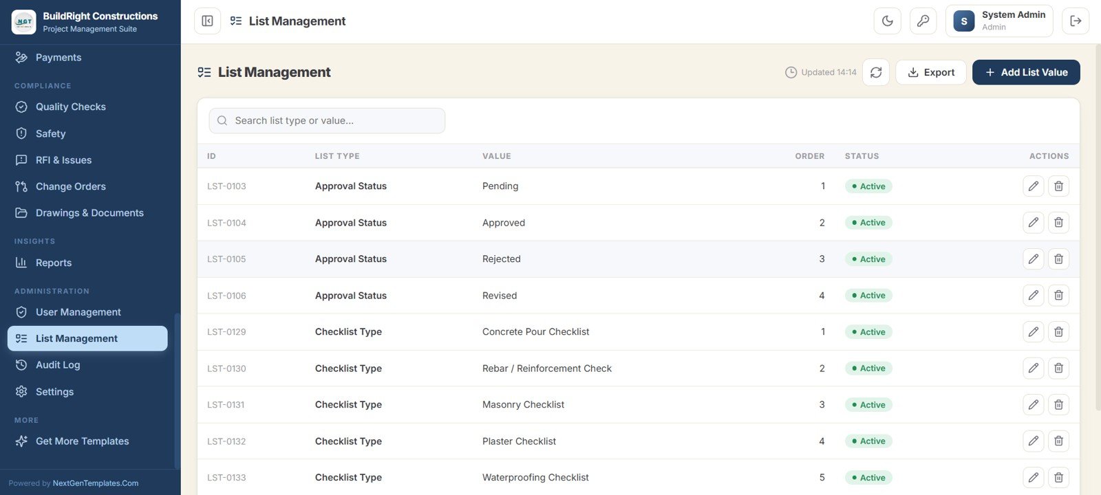 Construction Project Management System Web App - List Management