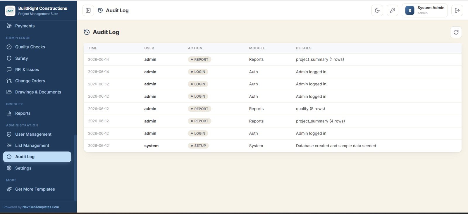 Construction Project Management System Web App - Audit Log