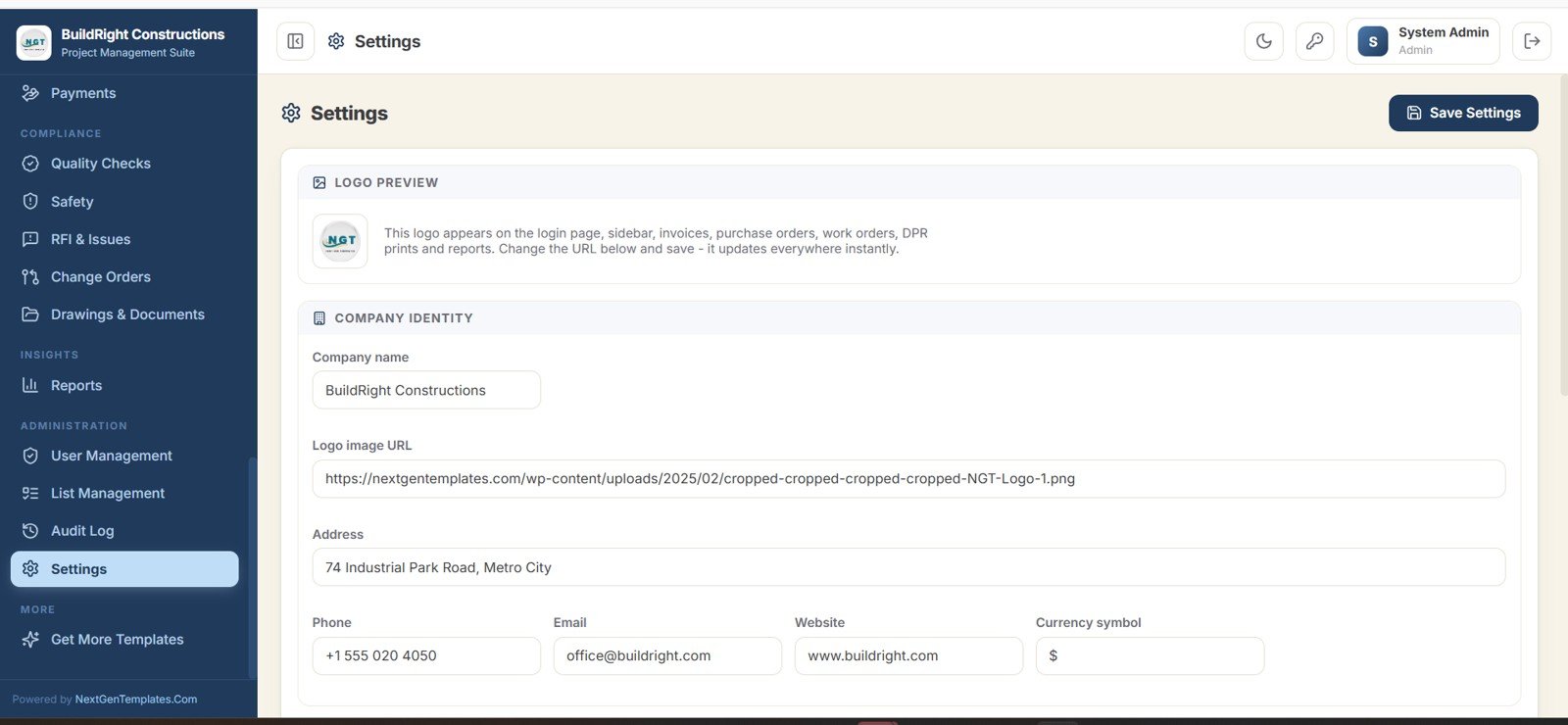 Construction Project Management System Web App - Settings
