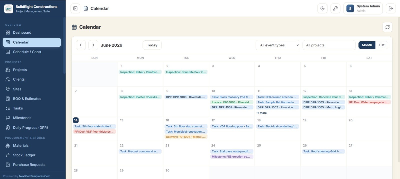Construction Project Management System Web App - Calendar