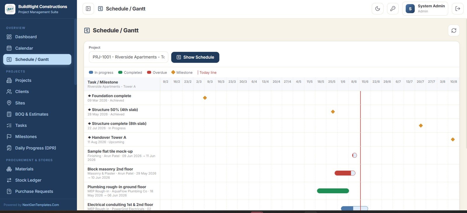 Construction Project Management System Web App schedule and Gantt
