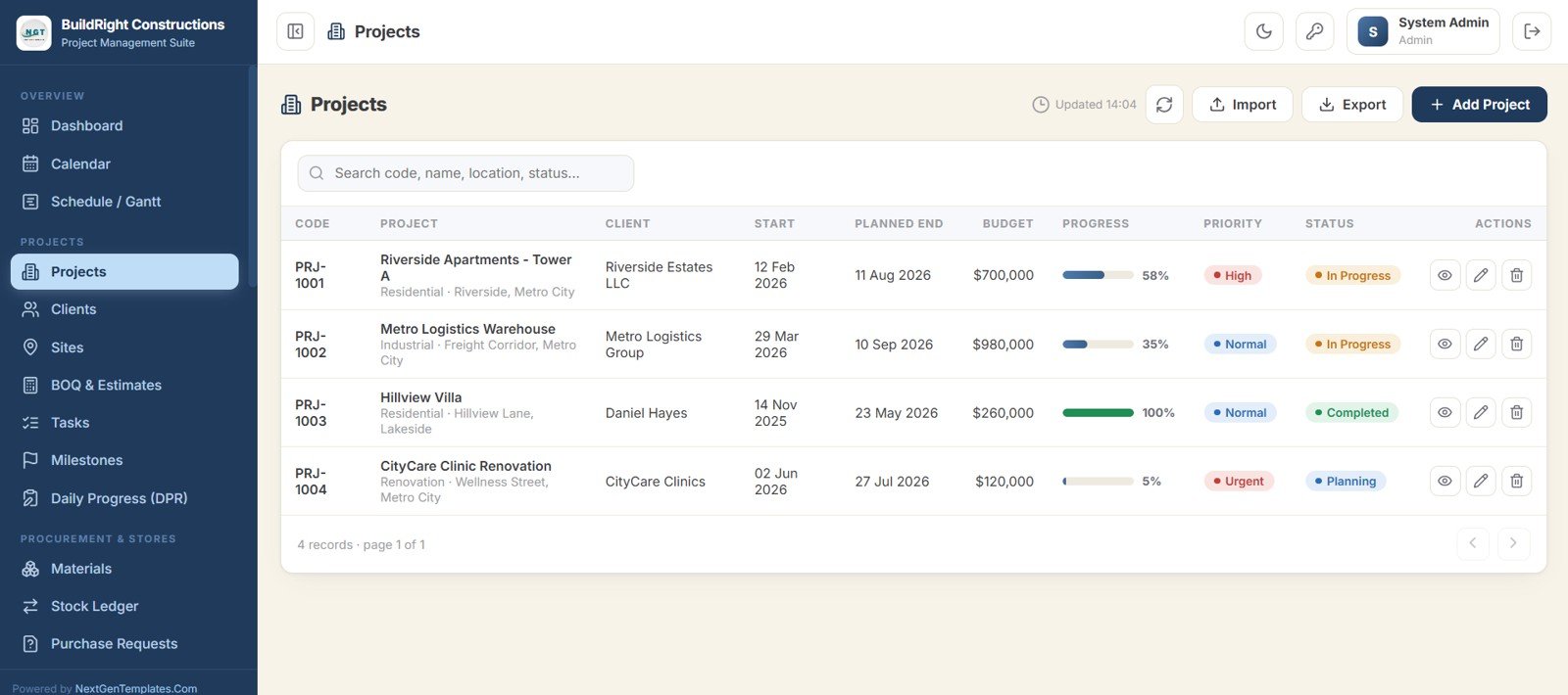 Construction Project Management System Web App projects master list