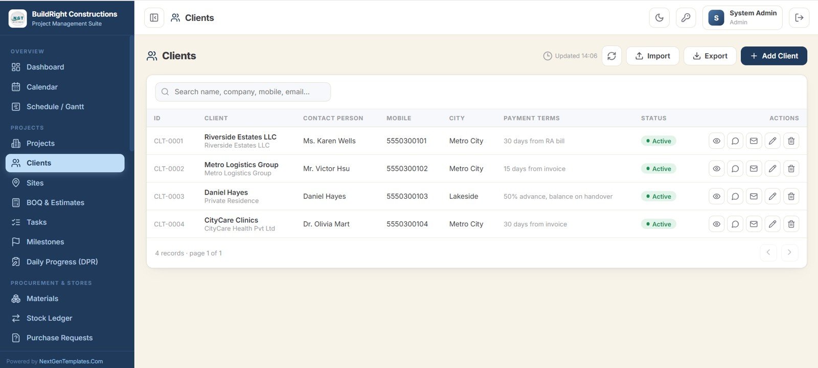 Construction Project Management System Web App - Clients directory