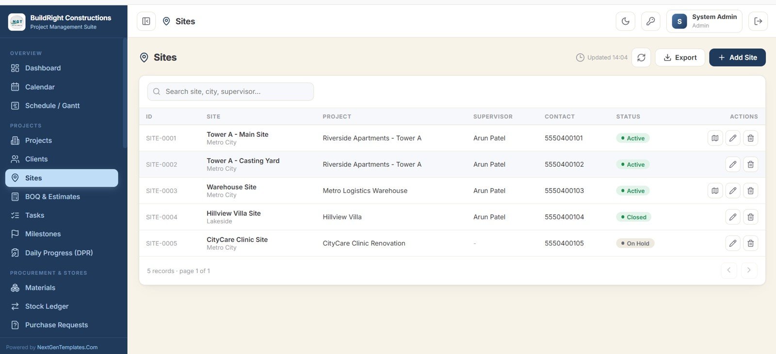 Construction Project Management System Web App - Sites