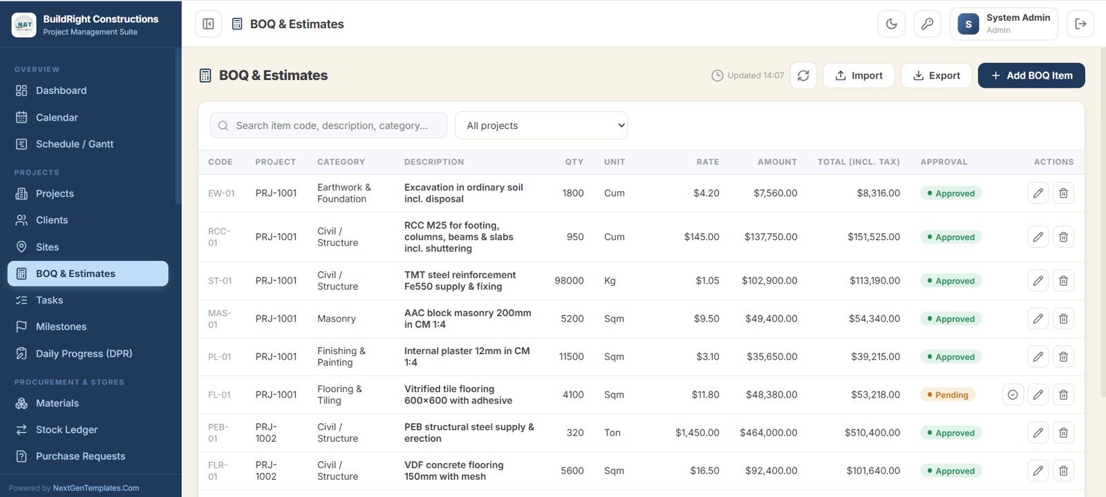 Construction Project Management System Web App - BOQ and Estimates
