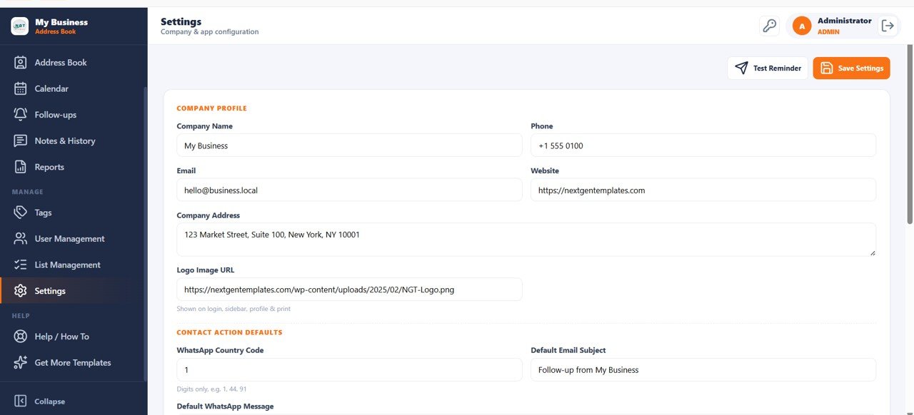 Customer Address Book Web App - Settings