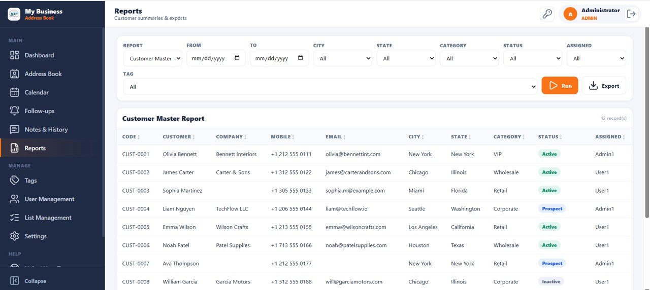 Customer Address Book Web App - Reports