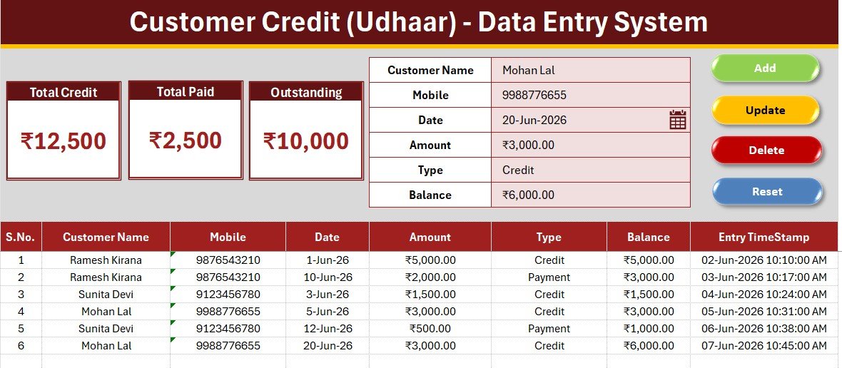 Customer Credit (Udhaar) Data Entry System in Excel