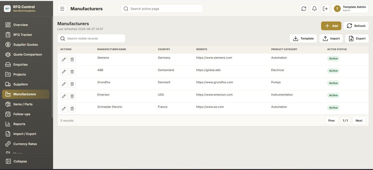 Daily RFQ and Quote Comparison Management System Web App manufacturers module