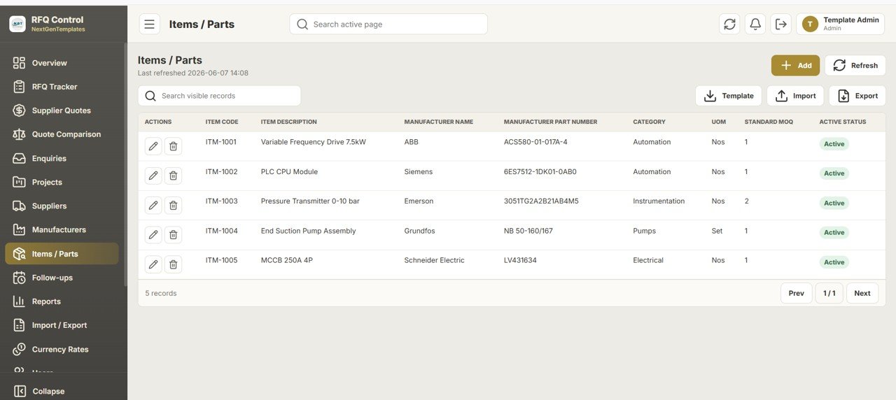 Daily RFQ and Quote Comparison Management System Web App items and parts module