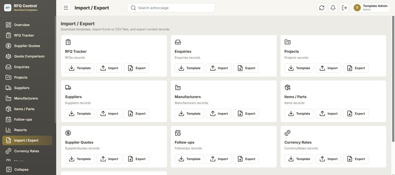 Daily RFQ and Quote Comparison Management System Web App import and export