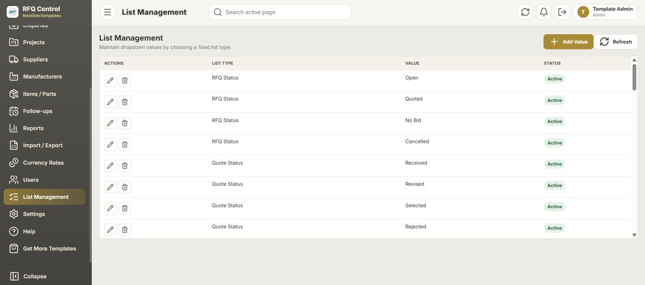 Daily RFQ and Quote Comparison Management System Web App list management