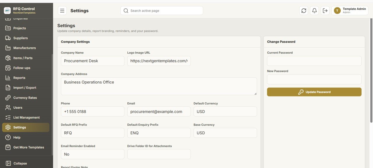 Daily RFQ and Quote Comparison Management System Web App settings and branding