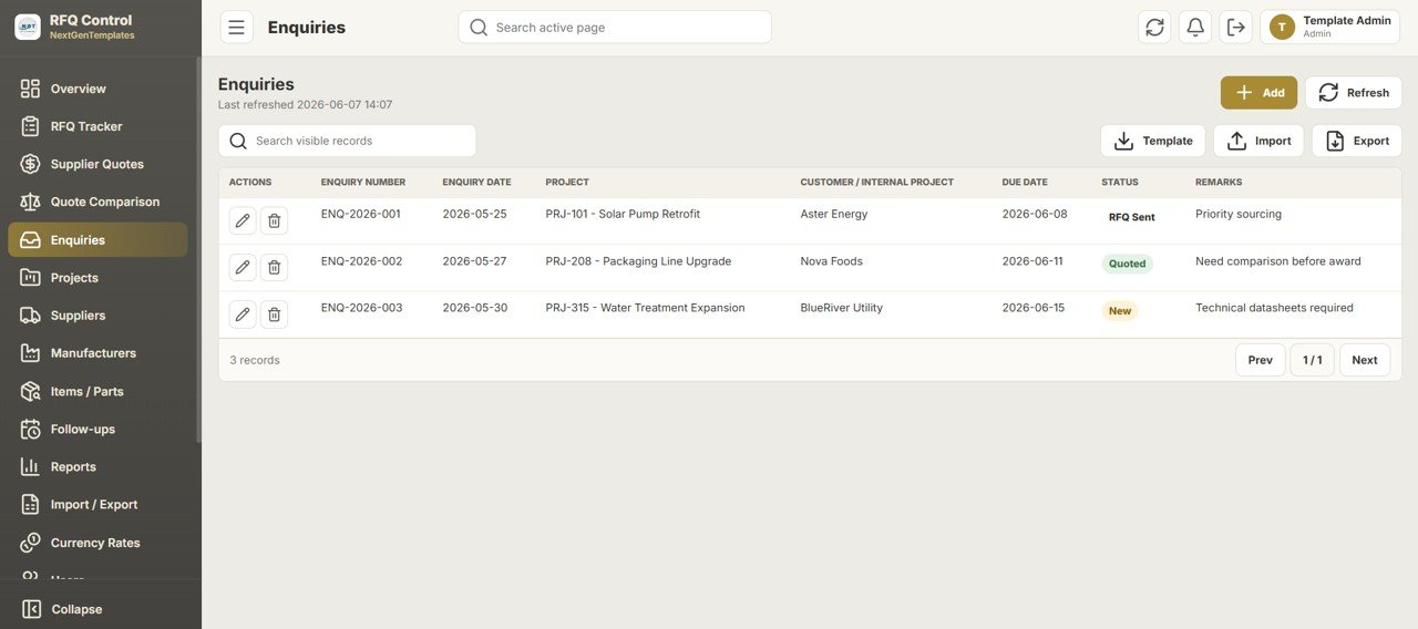 Daily RFQ and Quote Comparison Management System Web App enquiries module