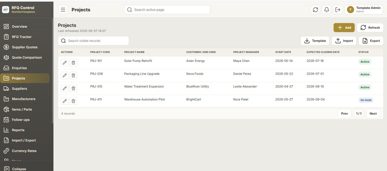 Daily RFQ and Quote Comparison Management System Web App projects module