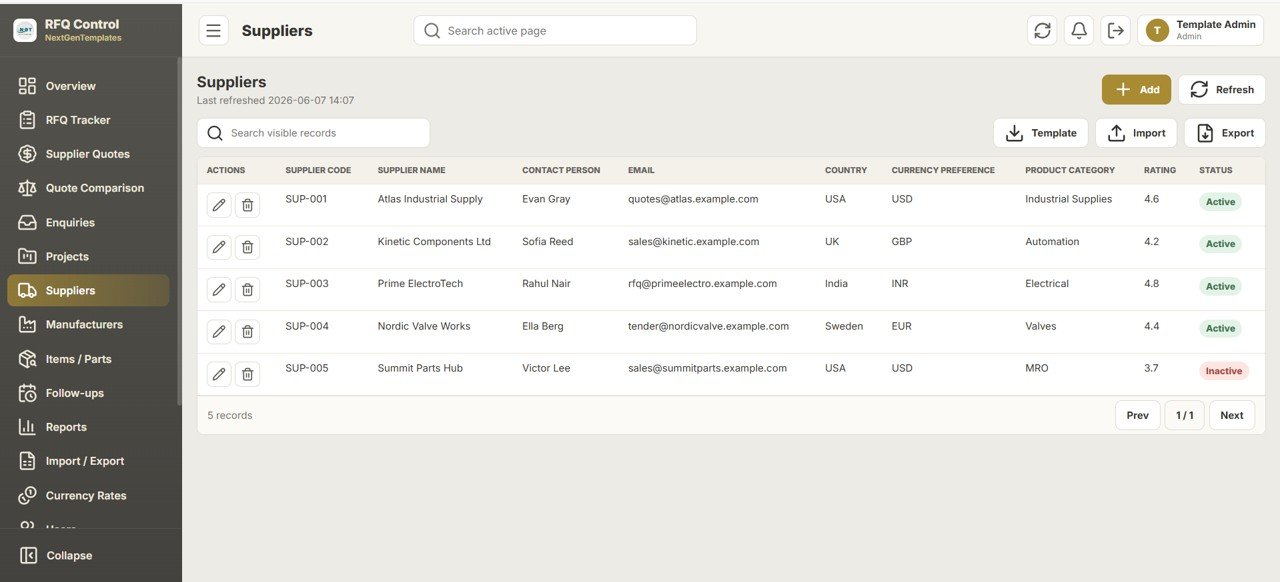 Daily RFQ and Quote Comparison Management System web app suppliers module