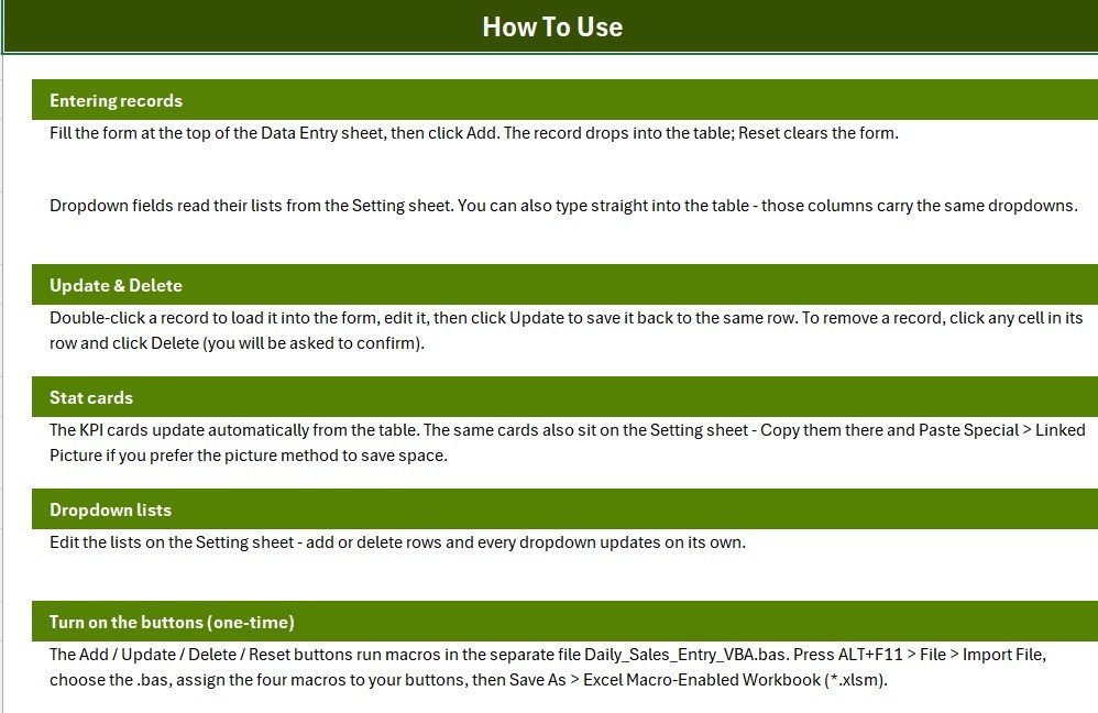 Daily Sales Entry Data Entry System in Excel - Records Table and Settings