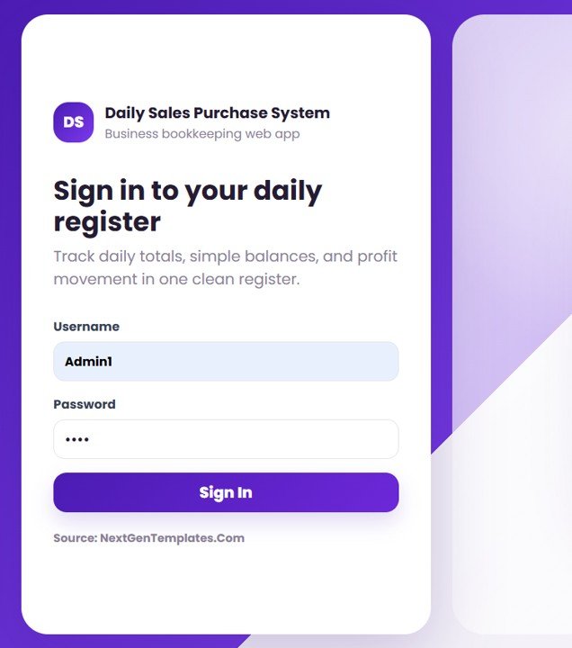 Daily Sales Purchase System Web App login screen