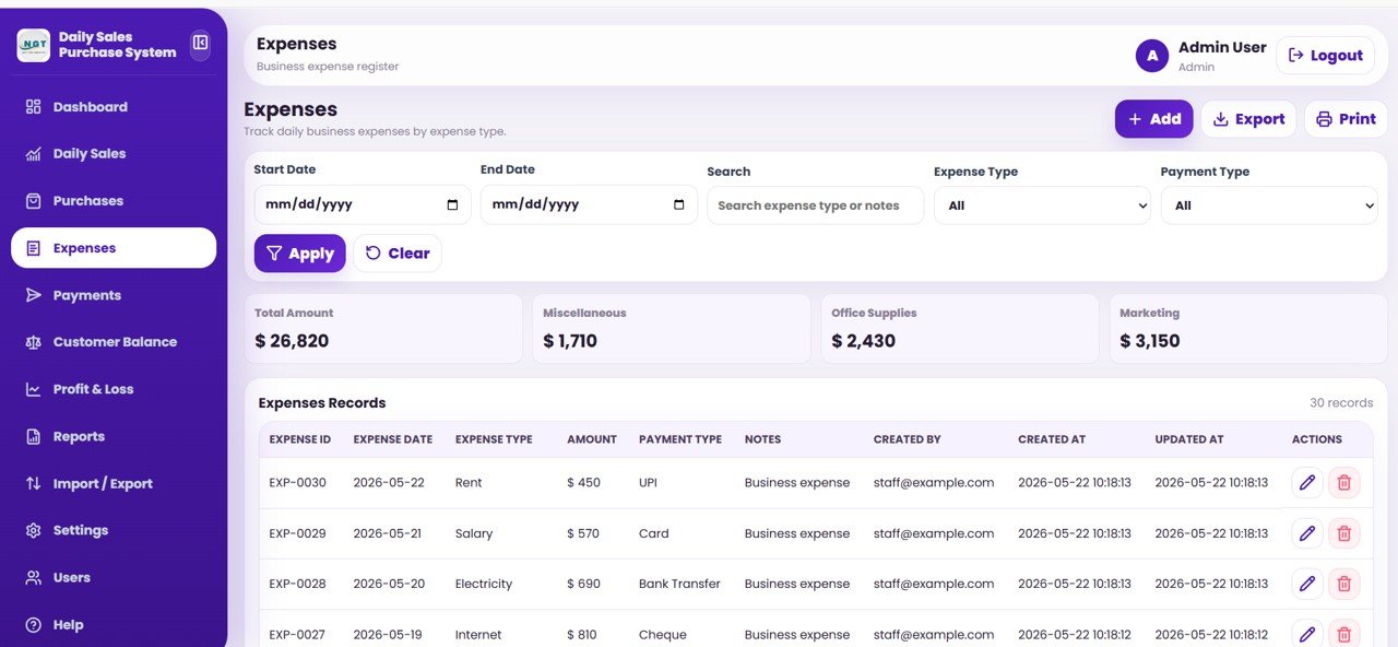 Daily Sales Purchase System Web App - Expenses