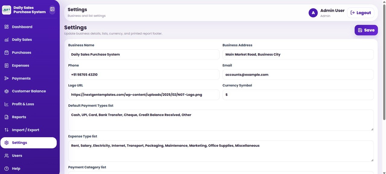 Daily Sales Purchase System Web App - Settings