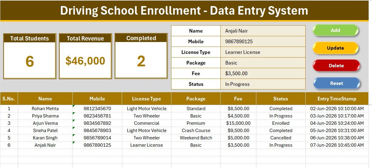 Driving School Enrollment Data Entry System in Excel - data entry dashboard