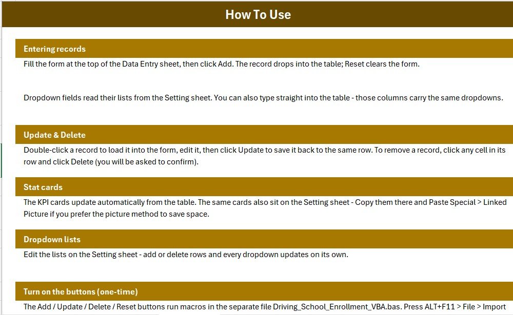 Driving School Enrollment Data Entry System in Excel - records table and instructions