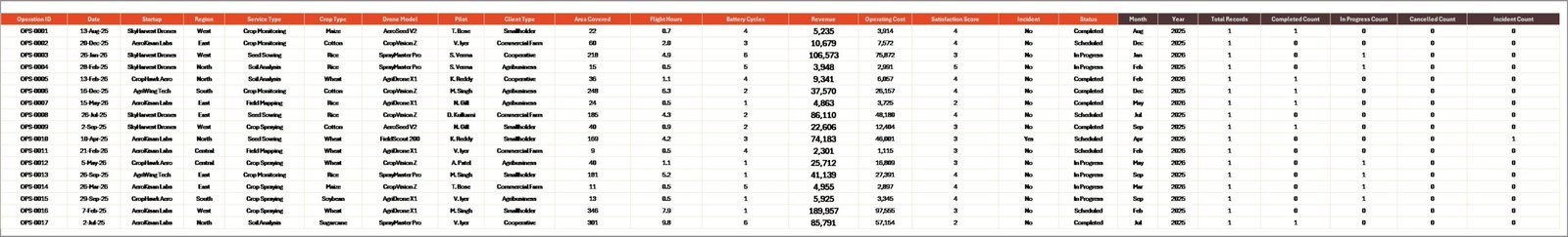Data Sheet tab in Drone Farming Startups Dashboard in Excel