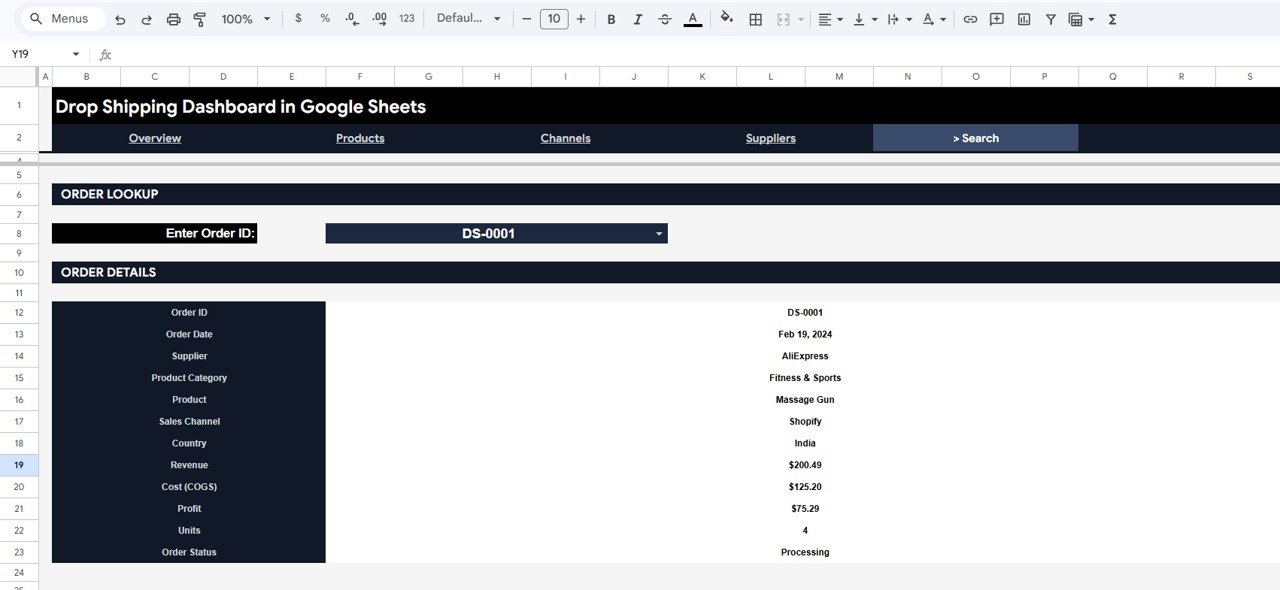 Drop Shipping Dashboard in Google Sheets - Search Sheet