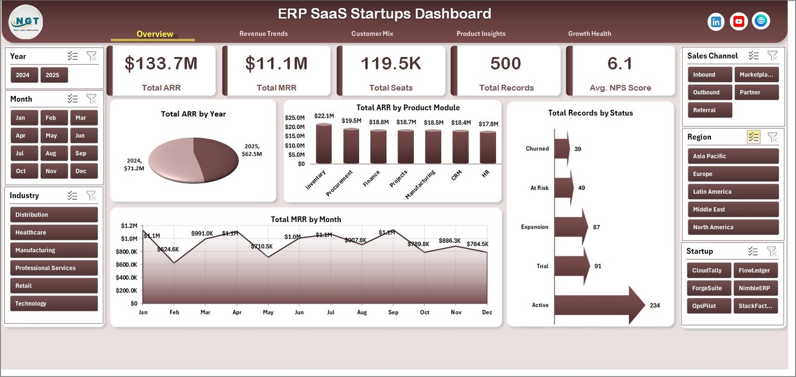 ERP SaaS Startups Dashboard in Excel overview page