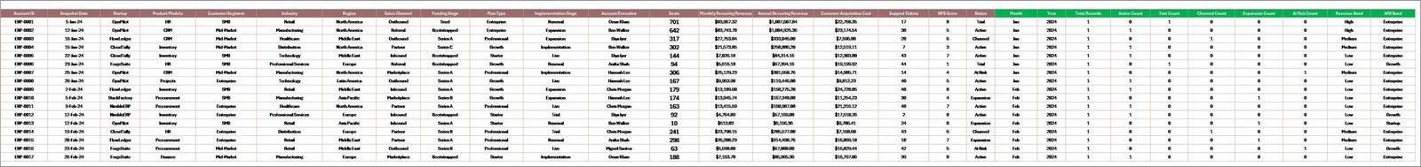 Data Sheet tab in ERP SaaS Startups Dashboard in Excel