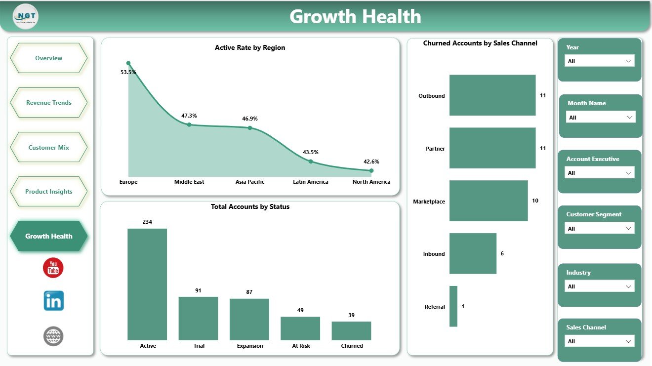 Growth Health page in ERP SaaS Startups Dashboard in Power BI