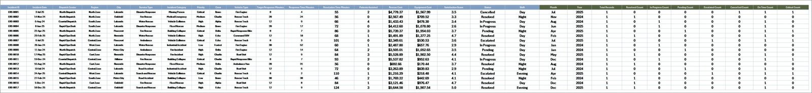 Emergency Rescue Services Dashboard Data Sheet Tab