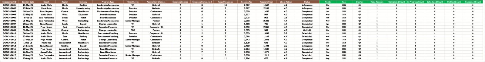Executive Coaching Dashboard in Excel Data Sheet tab