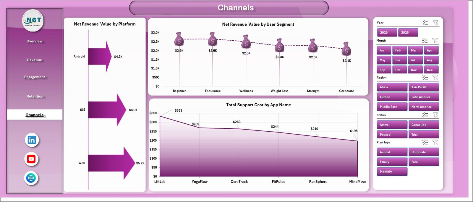 Channels sheet in Fitness Apps Dashboard in Excel