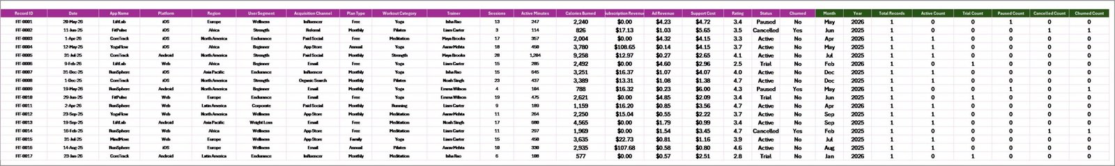 Data Sheet tab in Fitness Apps Dashboard in Excel