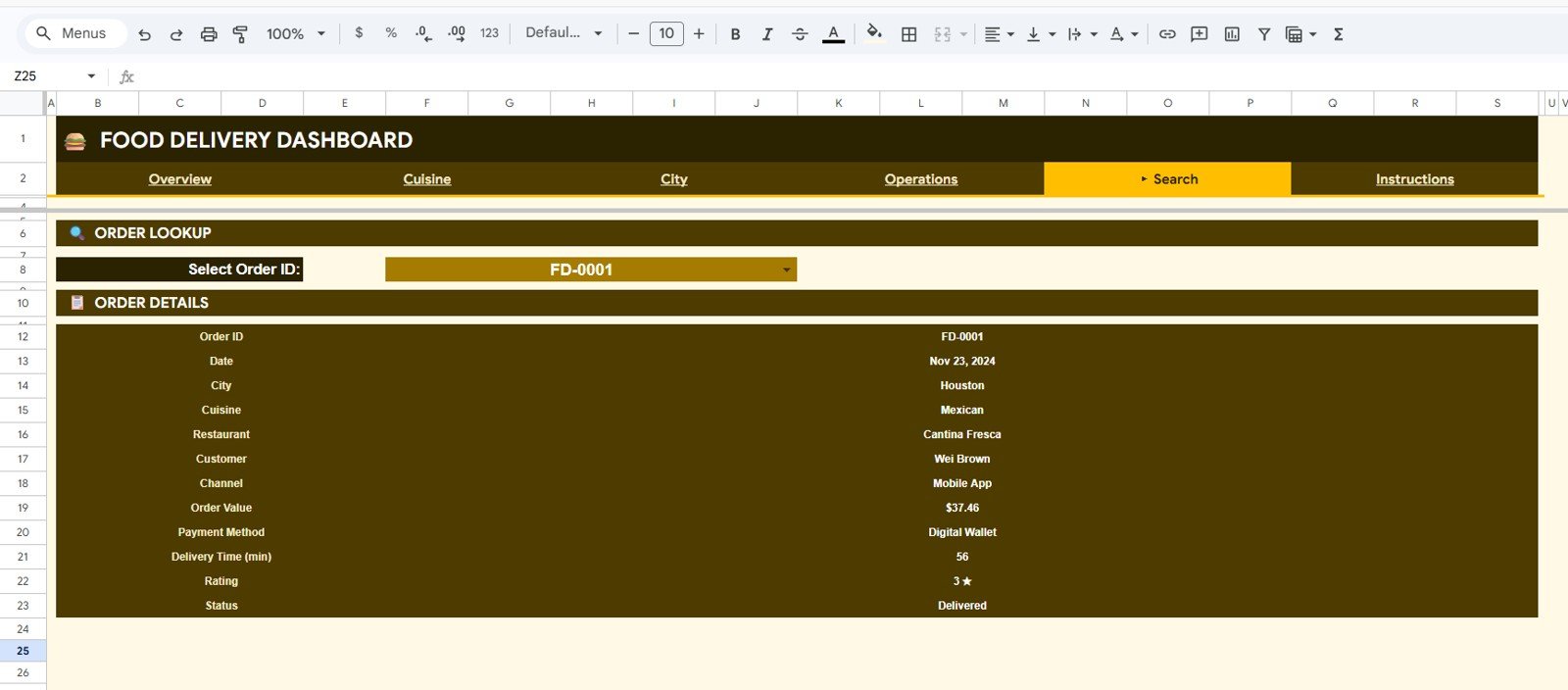 Food Delivery Dashboard in Google Sheets Search Sheet
