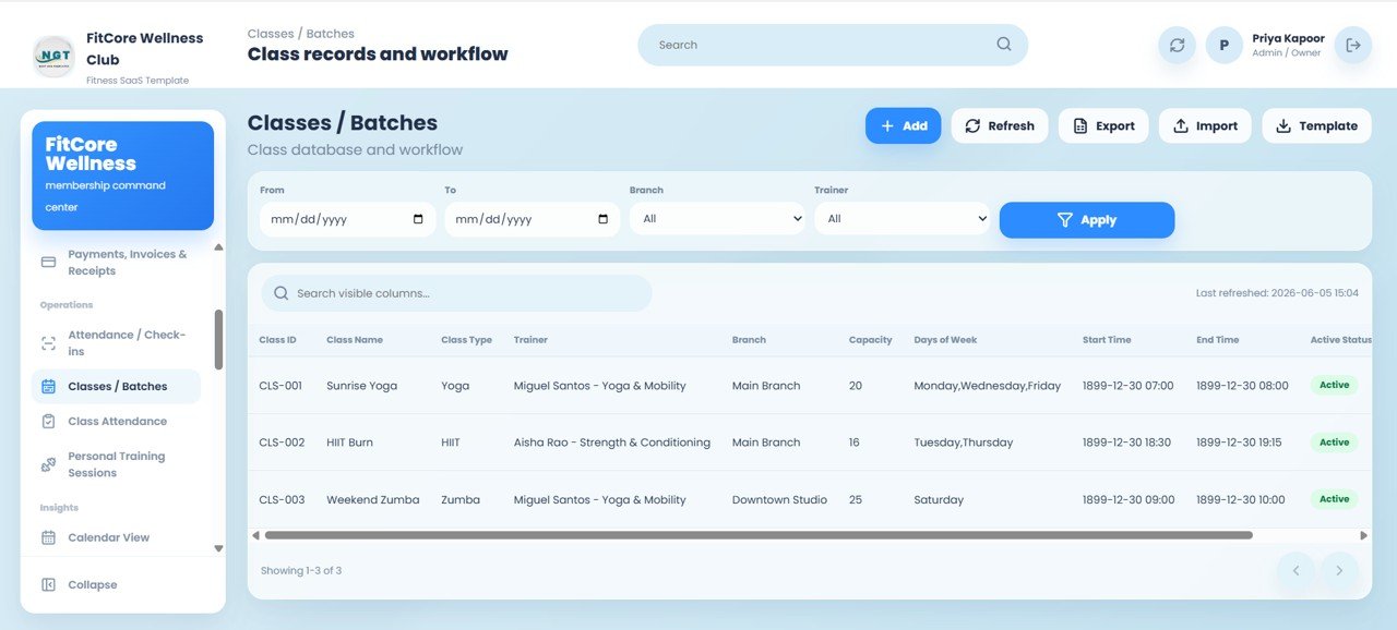 Gym and Fitness Center Membership Management System Web App - Classes and Batches