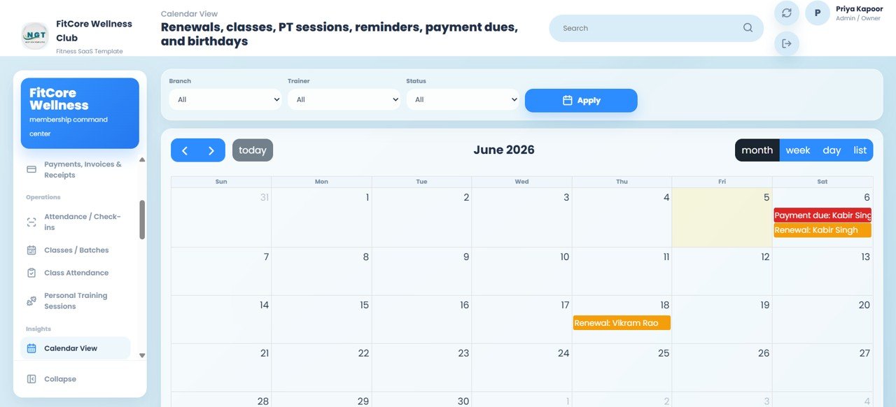 Gym calendar view with renewals classes and reminders