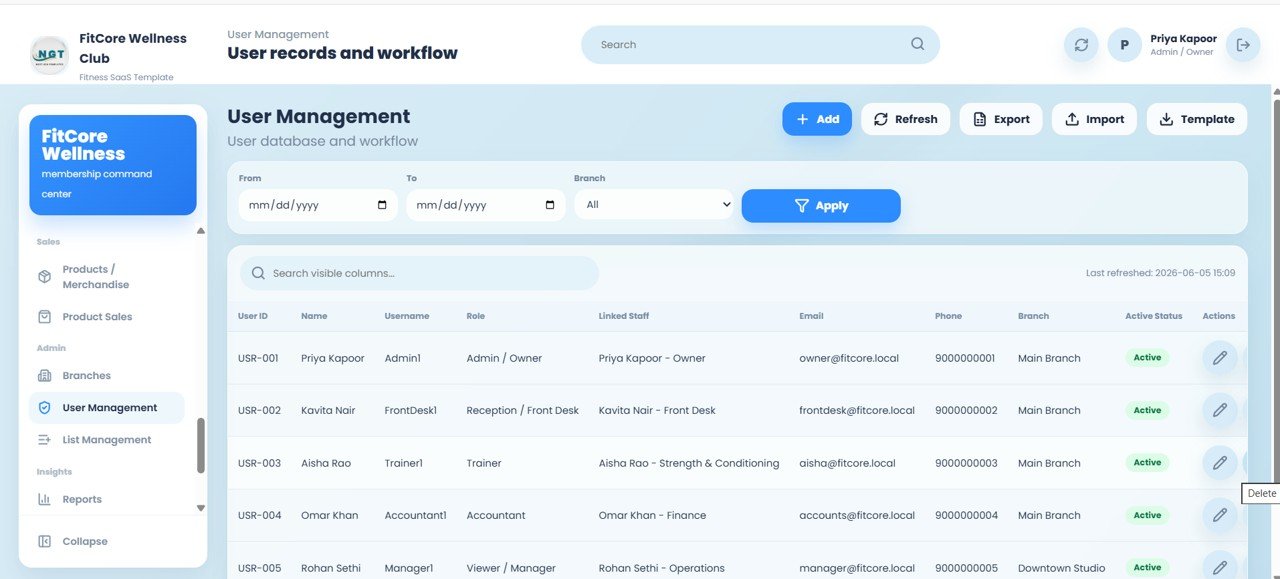 Gym web app user management and role-based access screen