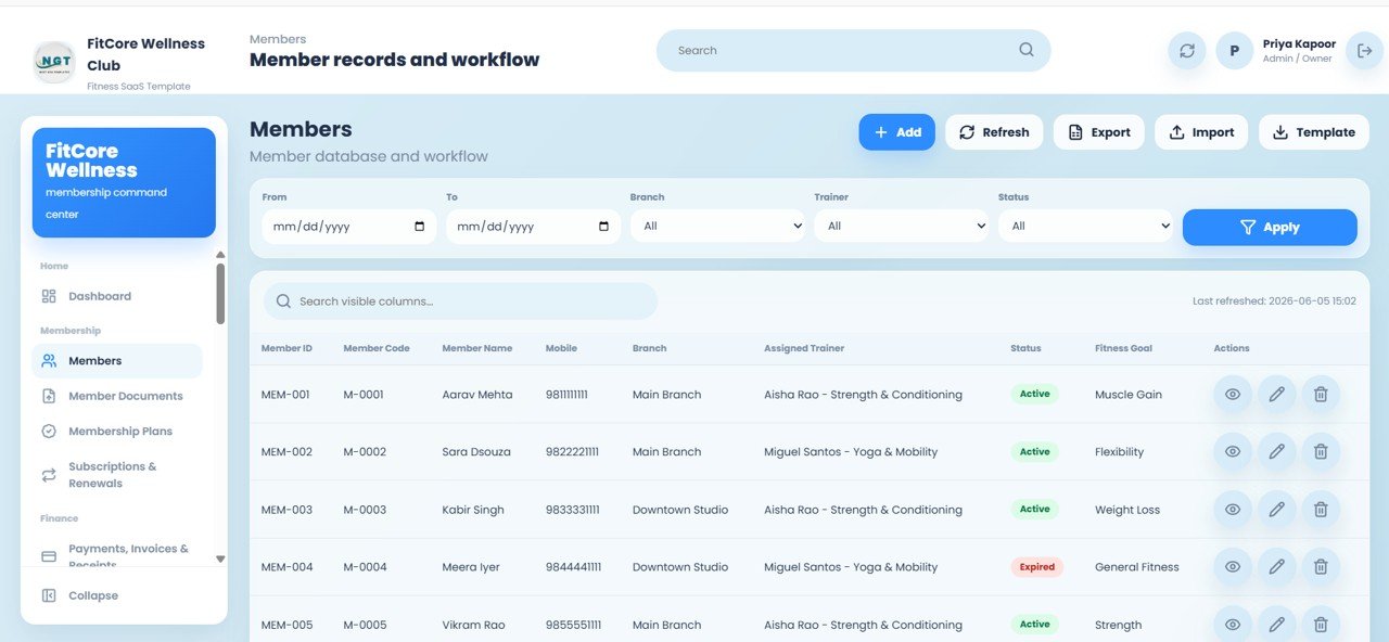 Gym member records screen in the management web app