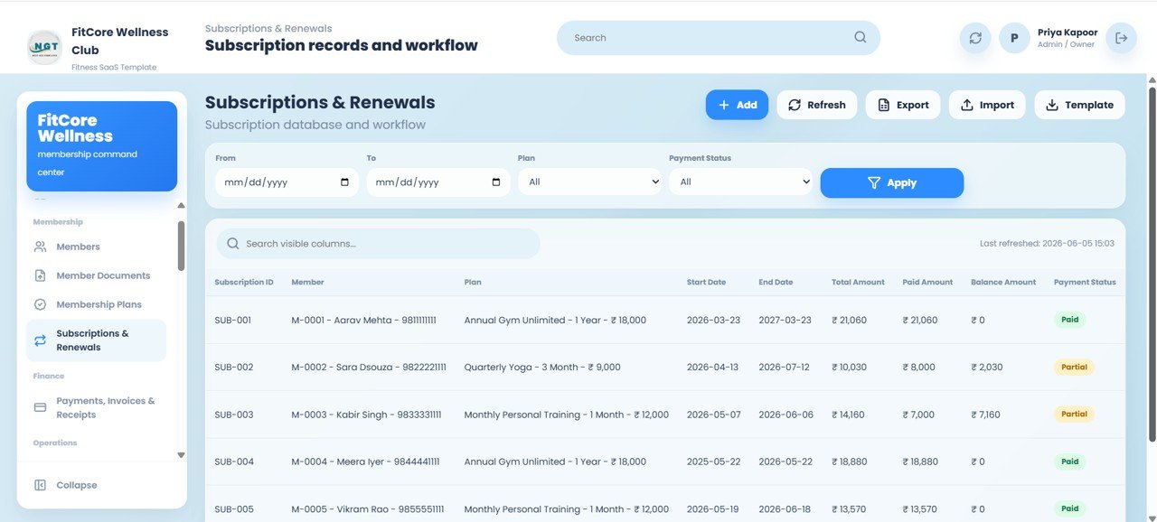 Gym subscriptions and renewals tracking screen