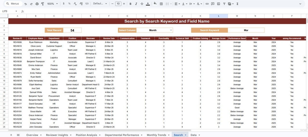 HR Review Analytics Dashboard in Google Sheets - Search Sheet