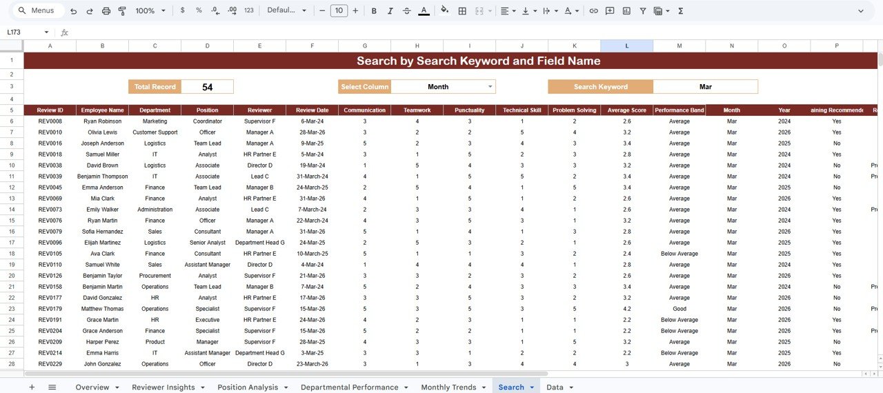 HR Review Analytics Dashboard in Google Sheets - Search Sheet