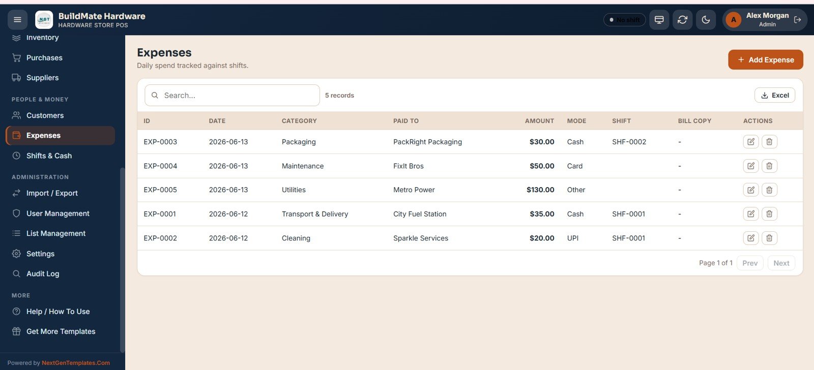 Hardware Store POS Web App - shifts and cash register
