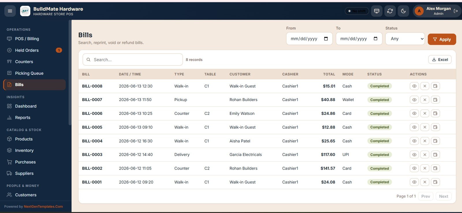 Hardware Store POS Web App - bills register