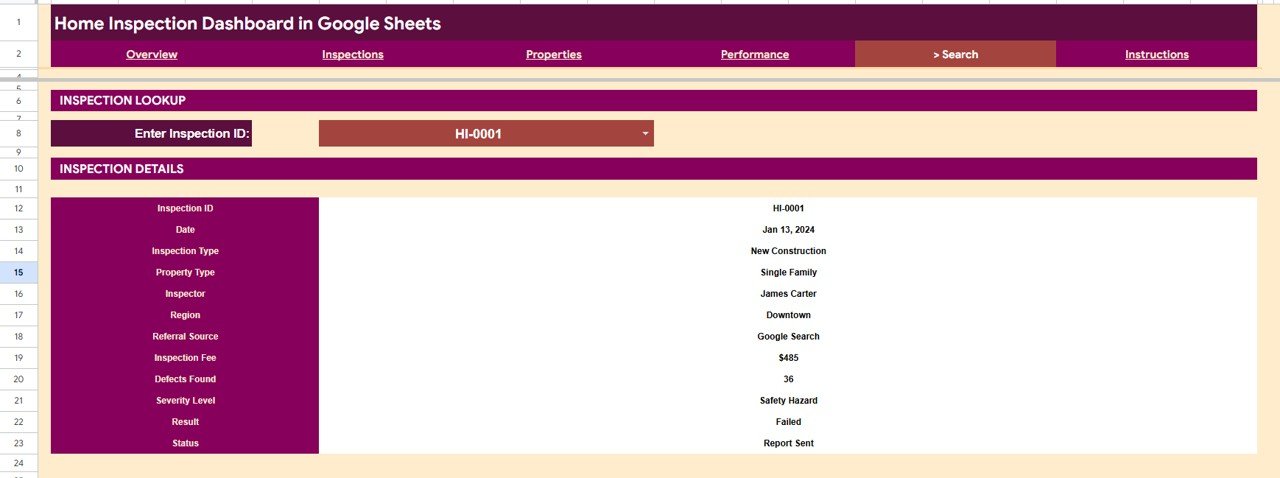 Home Inspection Dashboard in Google Sheets - Search Sheet tab