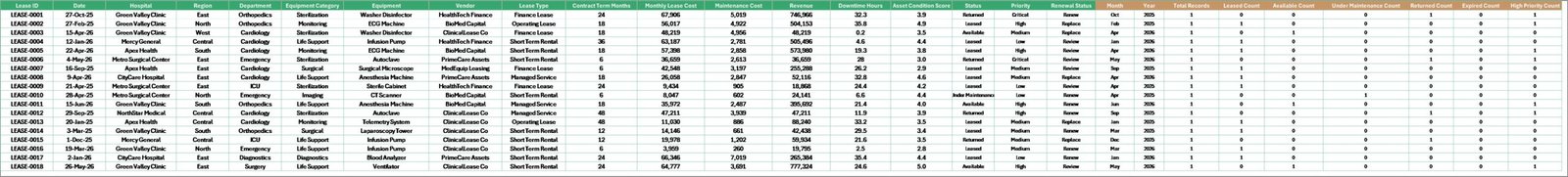 Data Sheet tab in Hospital Equipment Leasing Dashboard in Excel