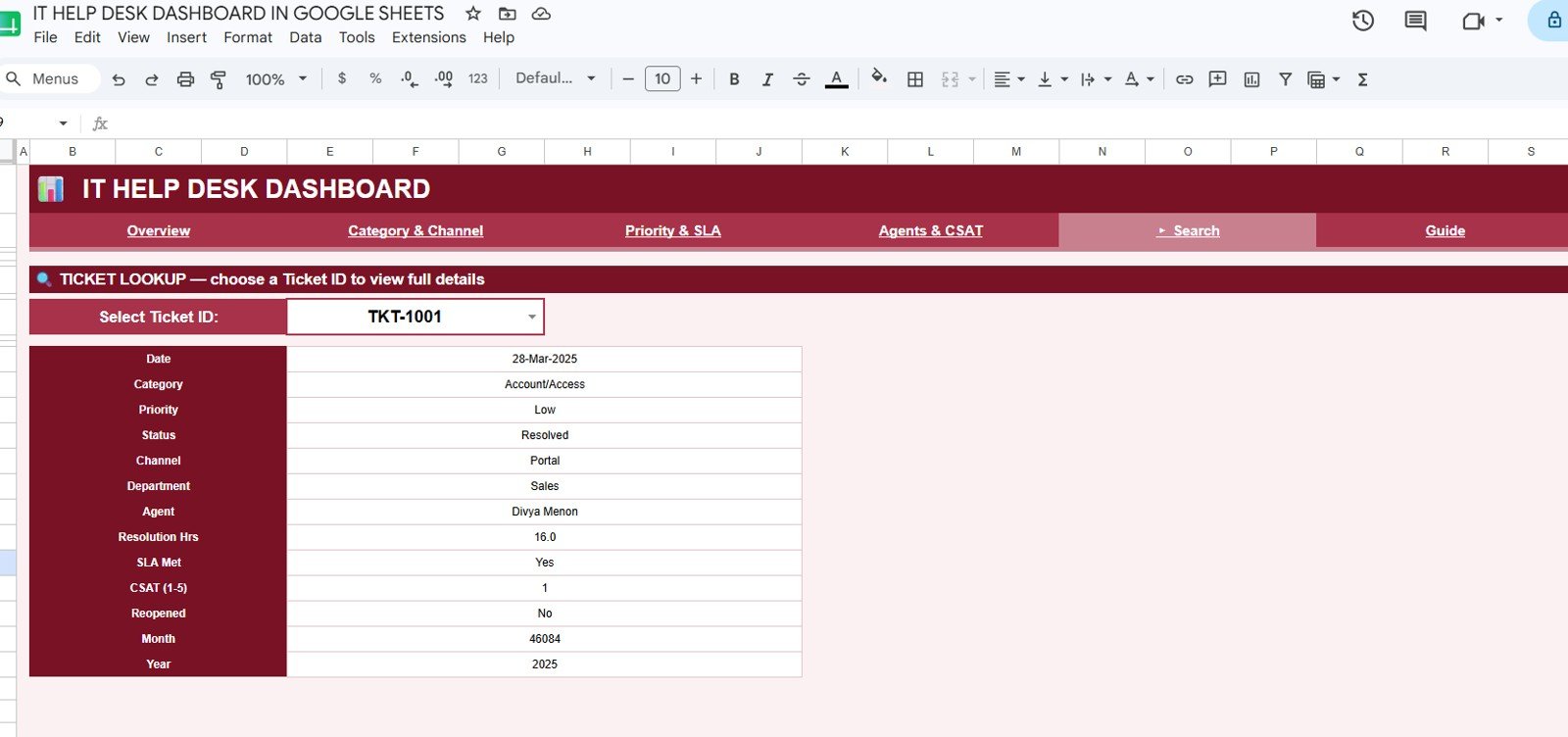 IT Help Desk Dashboard in Google Sheets - Search Sheet tab